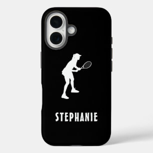 Zwart-wit naam Vrouw Tennis Player Racket iPhone 16 Hoesje
