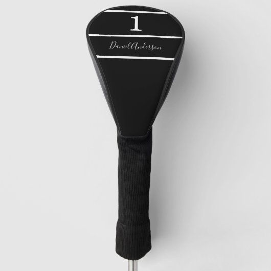 Zwart wit naamnummer streekscript golfheadcover (Voorkant)