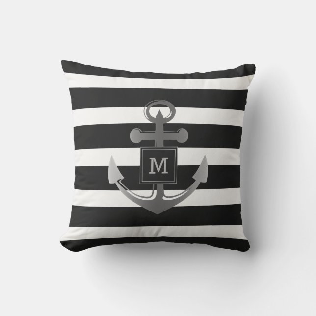 Zwart-wit Nautical Anchor Striped Monogram Buitenkussen (Voorkant)
