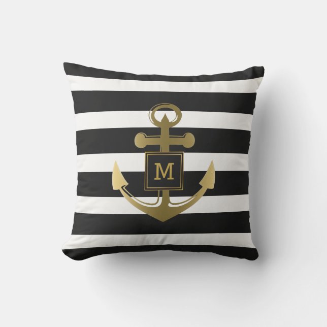 Zwart-wit Nautical Anchor Striped Monogram Buitenkussen (Voorkant)