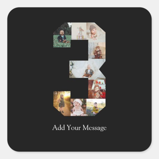 Zwart-wit nummer 3 foto collage vierkante sticker (Voorkant)
