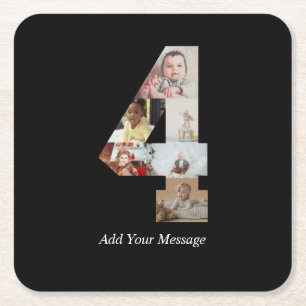 Zwart-wit Nummer 4 Fotocollage Vierkante Kartonnen Onderzetter