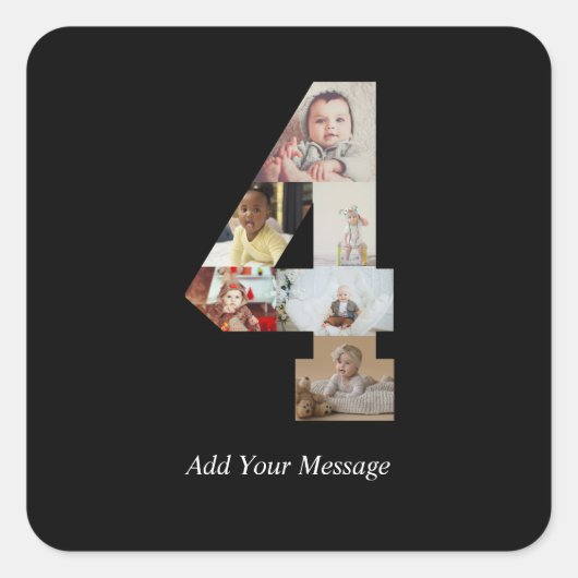 Zwart-wit nummer 4 fotocollage vierkante sticker (Voorkant)