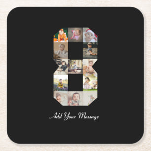 Zwart-wit nummer 8 fotocollage vierkante kartonnen onderzetter