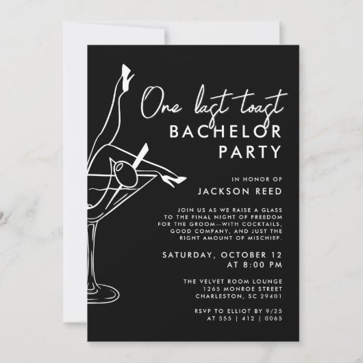 Zwart-wit One Last Toast Martini Bachelor Kaart (Voorkant)