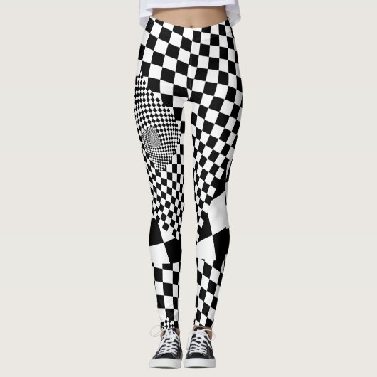 Zwart-wit optische illusie vervormd geruit leggings (Voorkant)