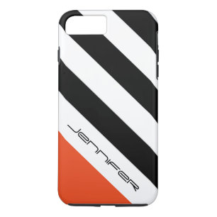 Zwart, wit, Oranje streep met aangepaste naam iPhone 8 Plus / 7 Plus Hoesje
