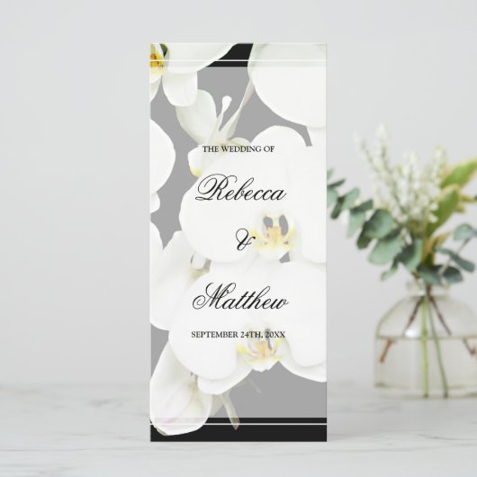 Zwart-wit orchidee bruiloft programma (Staand voorkant)