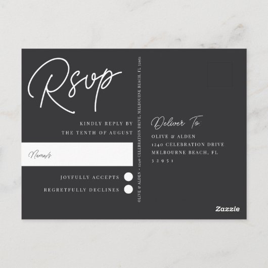 Zwart-wit overmaats script RSVP Briefkaart (Achterkant)