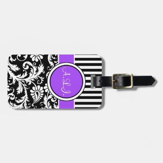 Zwart, wit, Paars gestreept Bagagelabel (Voorkant horizontaal)