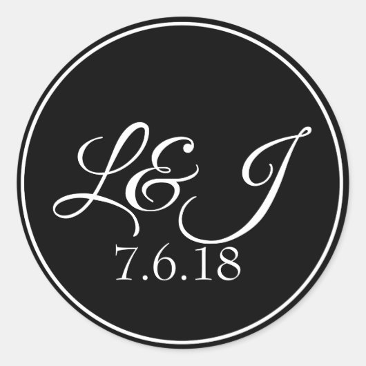 Zwart & Wit Paar's Initals & Bruiloft Datum Ronde Sticker (Voorkant)