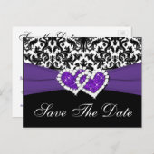 Zwart, Wit, Paarse Damask Save the Date Briefkaart (Voorkant / Achterkant)