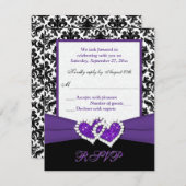 Zwart, Wit, Paarse Damast & Hartjes Antwoordkaart RSVP Kaartje (Voorkant / Achterkant)