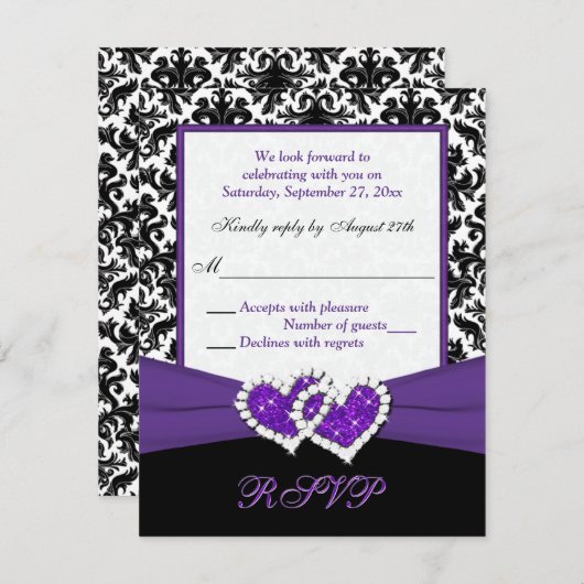 Zwart, Wit, Paarse Damast & Hartjes Antwoordkaart RSVP Kaartje (Voorkant / Achterkant)