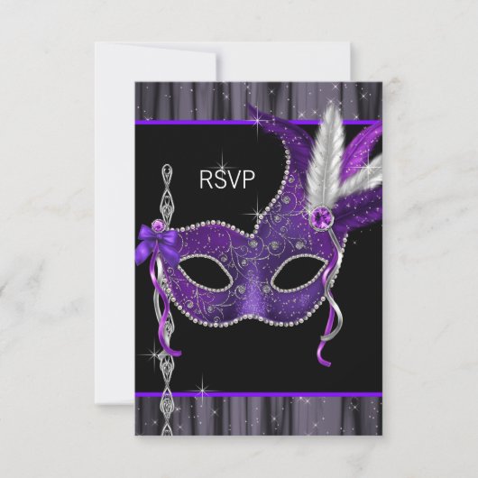 Zwart Wit Paarse Masquerade Party RSVP (Voorkant)
