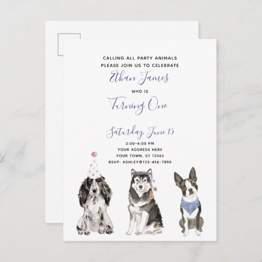 Zwart Wit Paarse Script Baby 1e Verjaardagsfeest Uitnodiging Briefkaart (Voorkant / Achterkant)