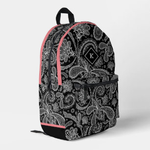 Zwart wit paisley patroon, roze accent, monogram bedrukte rugzak
