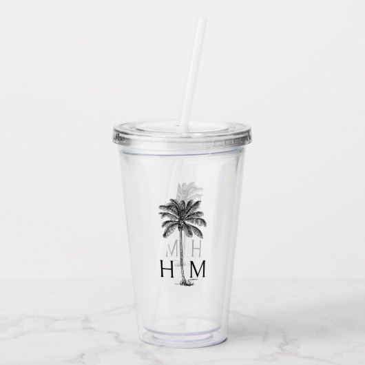 Zwart-wit palm palmboom Monogram Acryl Drinkbeker (Achterkant)