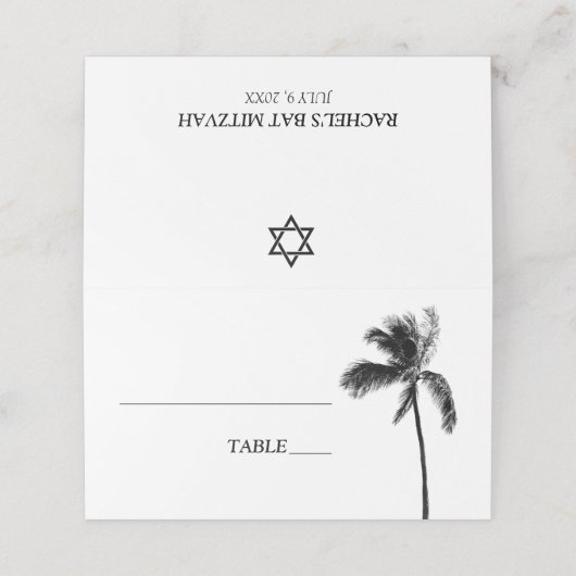 Zwart-wit Palm Tree Bat Mitzvah Place Card (Buitenkant ongevouwen)