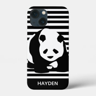 Zwart-wit Panda en Stripes gepersonaliseerd iPhone 13 Mini Hoesje