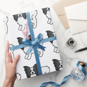 Zwart-wit Papillon Cute Cartoon Hond Patroon Cadeaupapier