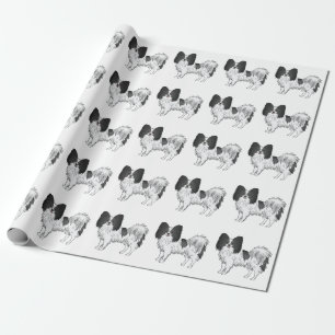 Zwart-wit Papillon Cute Cartoon Hond Patroon Cadeaupapier