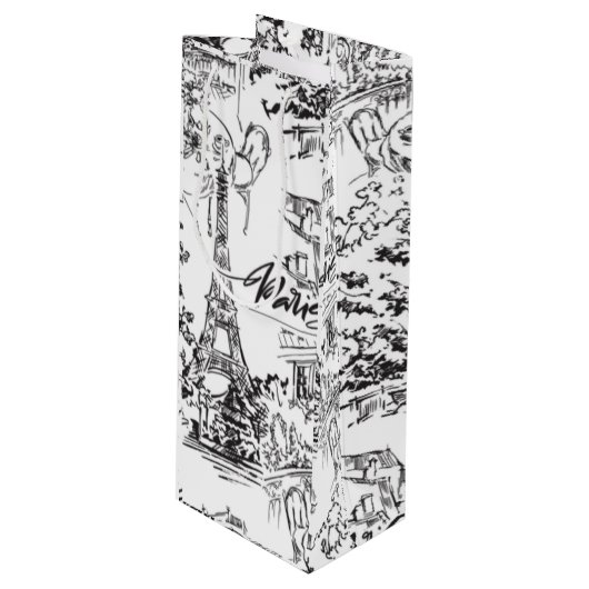 Zwart-wit Parijs Eiffel Toile Wijn Cadeautas (Voorkant Gekanteld)