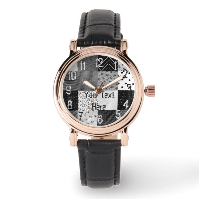 zwart-wit patchwork fabric stijlvol  horloge (Voorkant)
