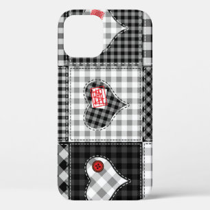 Zwart wit patchwork harten naadloos. iPhone 12 hoesje
