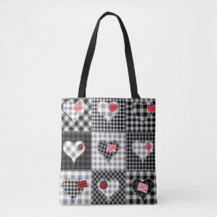 Zwart wit patchwork harten naadloos. draagtas