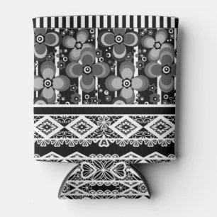 Zwart-wit patroon met kant en patchwork blikjeskoeler