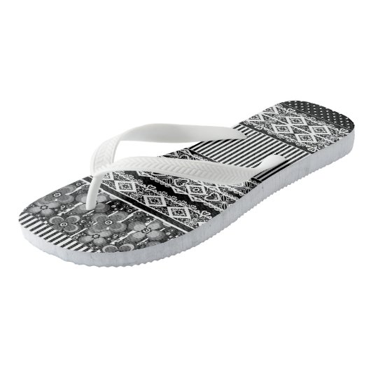Zwart-wit patroon met kant en patchwork teenslippers (Schuin)