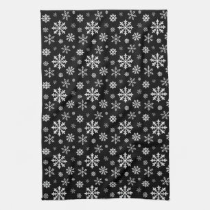 Zwart-wit patroon van wintersneeuwvlokken theedoek