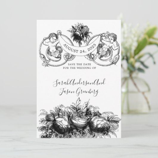 Zwart Wit Pen Inkt Floral Cupids Save The Date (Staand voorkant)