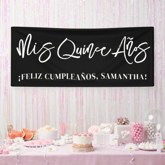 Zwart-wit penseelscript Mis Quince Años Spandoek (Feest)