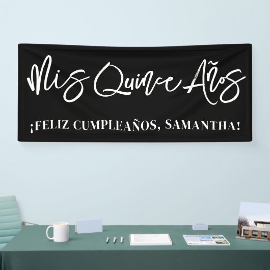 Zwart-wit penseelscript Mis Quince Años Spandoek (Beurs)