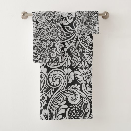 Zwart-wit Perzisch Paisley Bath-handdoekset Bad Handdoek (Insitu)