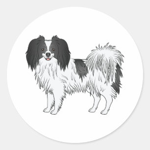 Zwart-wit Phalène Cartoon Hondenillustratie Ronde Sticker