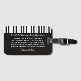 Zwart-wit piano toetsen afdrukken met bijbel citaa bagagelabel