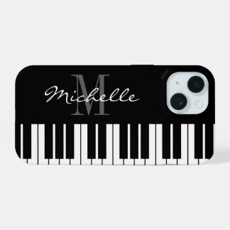 Zwart-wit pianotoetsen monogram iPhone 15 hoesje