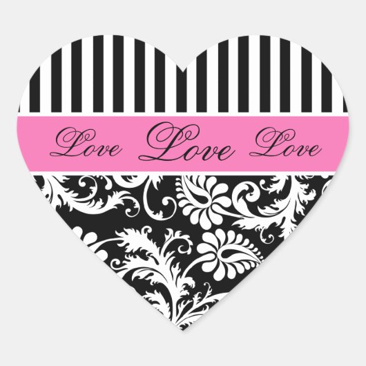 Zwart, Wit, PiNk Damask Liefde Sticker (Voorkant)