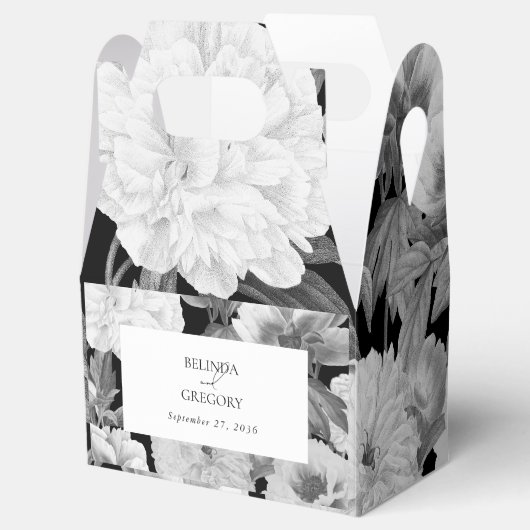 Zwart & Wit Pioenrozen Waterverf Bloemenbruiloft Bedankdoosjes (Geopend)