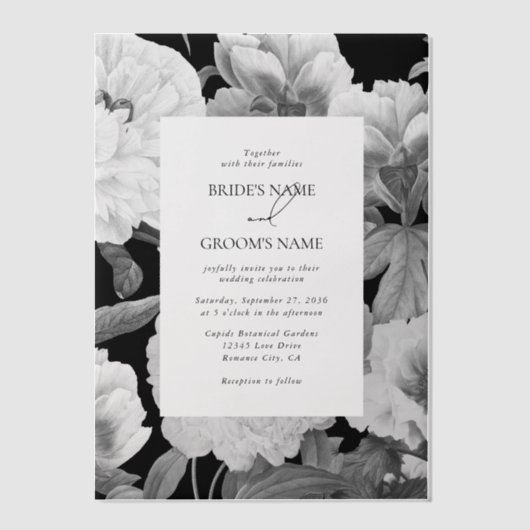 Zwart & Wit Pioenrozen Waterverf Bloemenbruiloft Vellum Uitnodigingen (Voorkant)