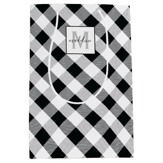 Zwart Wit Plaid Monogram Naam Kerstmis Medium Cadeauzakje (Voorkant)