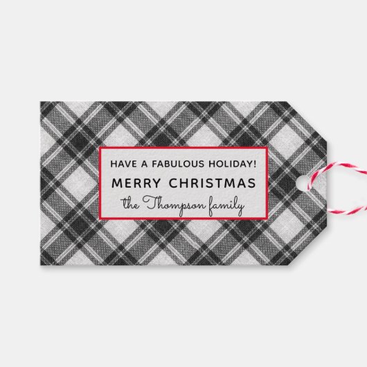 Zwart & Wit Plaid Vrolijk Kerstfeest 10 Cadeaulabel (Voorkant (Horizontaal))