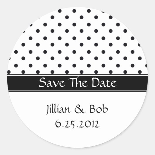 Zwart-wit Polka Dot Save The Date Stickers (Voorkant)