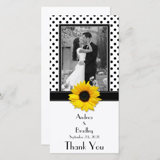 Zwart Wit Polka Dot Zonnebloem Bruiloft Bedankkaart (Voorkant / Achterkant)