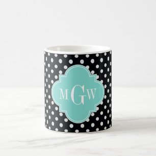 Zwart Wit Polka Dots Aqua Quatrefoil 3 Monogram Koffiemok