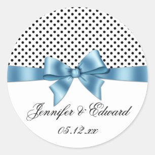 Zwart wit polka dots blauw lint bewaar de datum ronde sticker