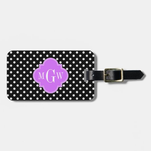 Zwart Wit Polka Dots Lila Quatrefoil 3 Monogram Bagagelabel (Voorkant horizontaal)